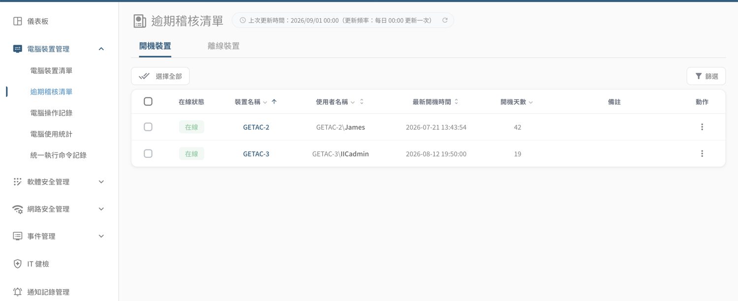 ▲ 電腦裝置管理 › 逾期稽核清單——列出該開機未開／該關機未關的裝置（開機／離線兩分頁）