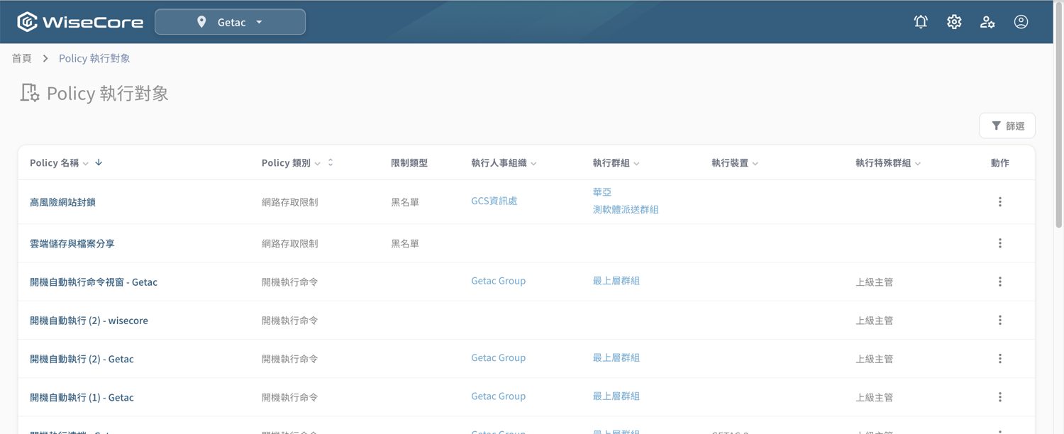 ▲ Policy 執行對象——為每條 Policy 設定執行的人事組織／群組／裝置／特殊群組