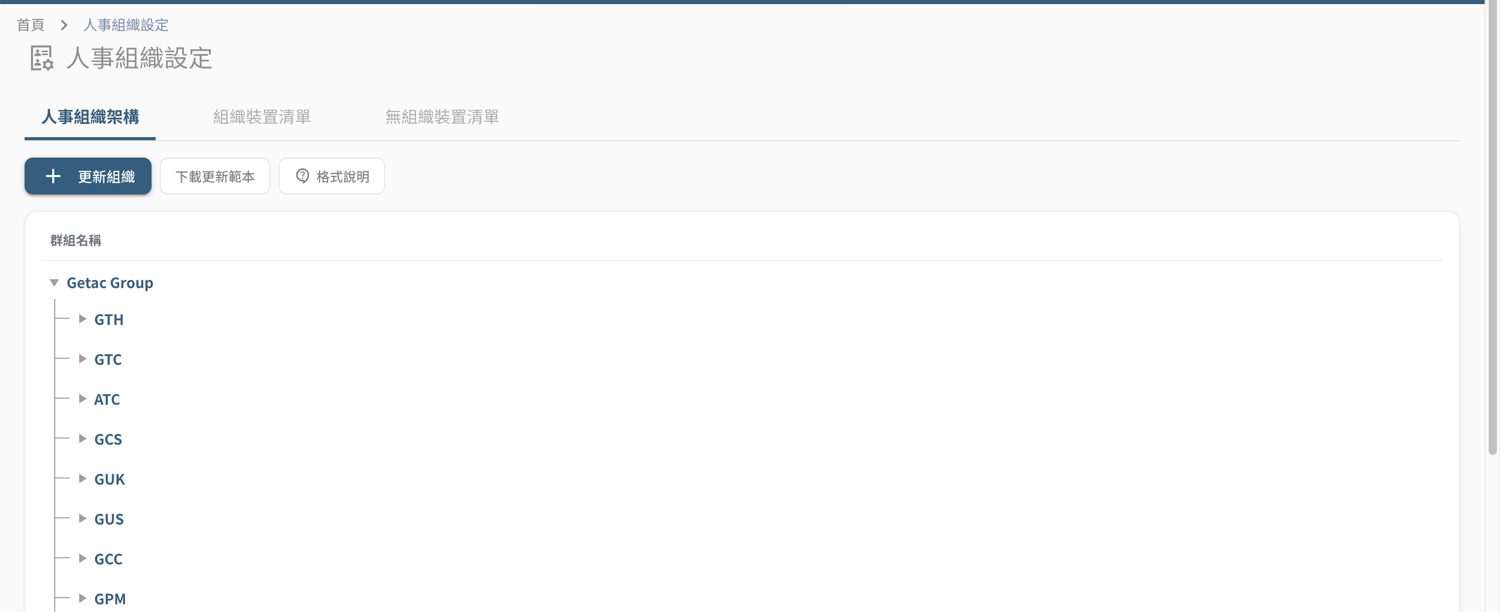 ▲ 人事組織設定——「更新組織」上傳 Excel 匯入組織架構，另有「組織裝置清單／無組織裝置清單」分頁