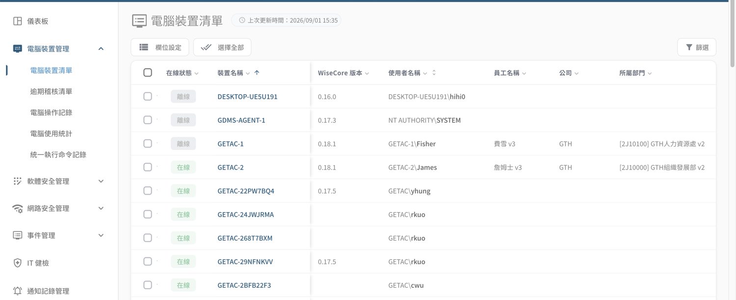 ▲ 電腦裝置清單——全部託管裝置，含欄位設定與批次「裝置操作」